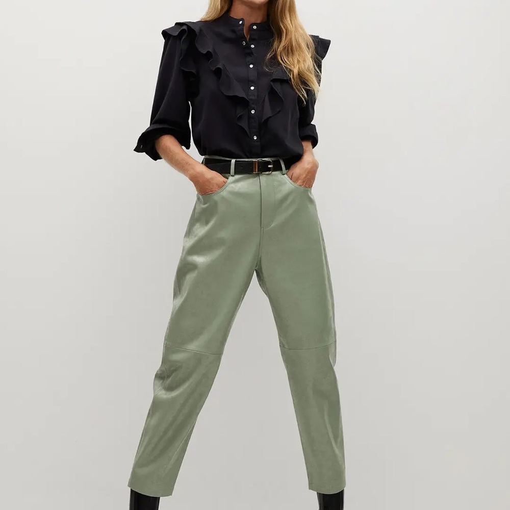 MANGO Women’s Pants Olive Green Regular Fit Leather Like Trousers